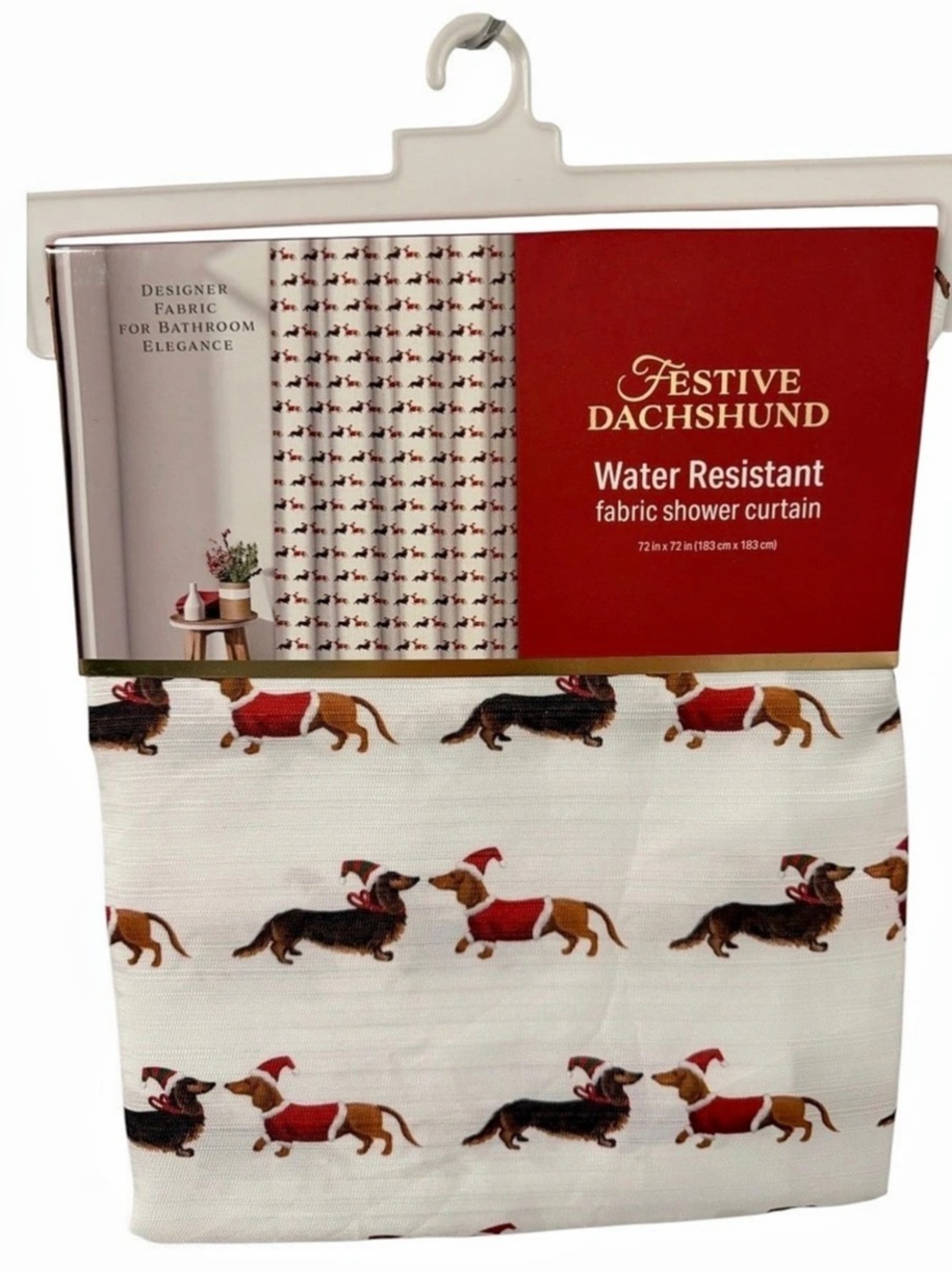 Festive Dachshund Water Resistant fabric shower curtain NWT